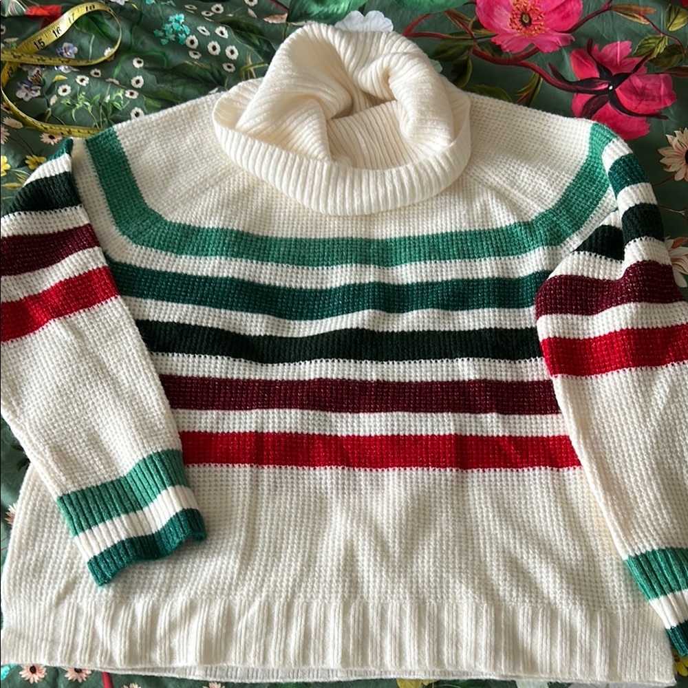 Lou & Grey Cream And Green Cowl Turtleneck Sweater - image 1